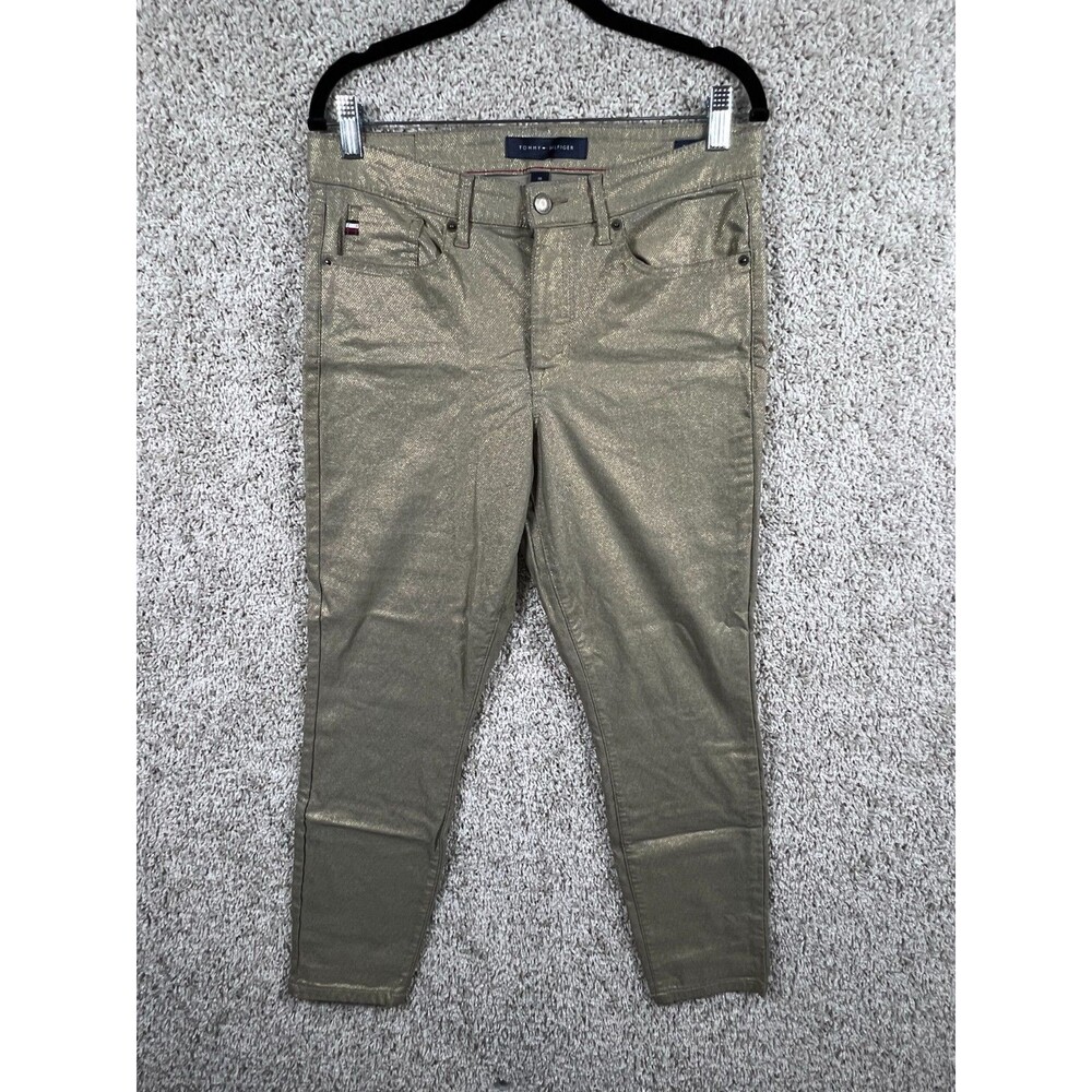 Tommy Hilfiger Women Gold Metallic Skinny Pants Size 10 Tribeca Skinny Stretch - Picture 1 of 11